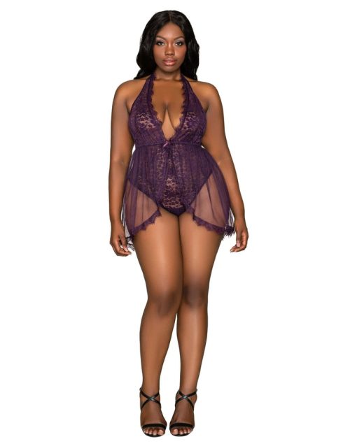 (Wd) Halter Plunge Front Stret Lace Teddy Eggplant Q/S 2